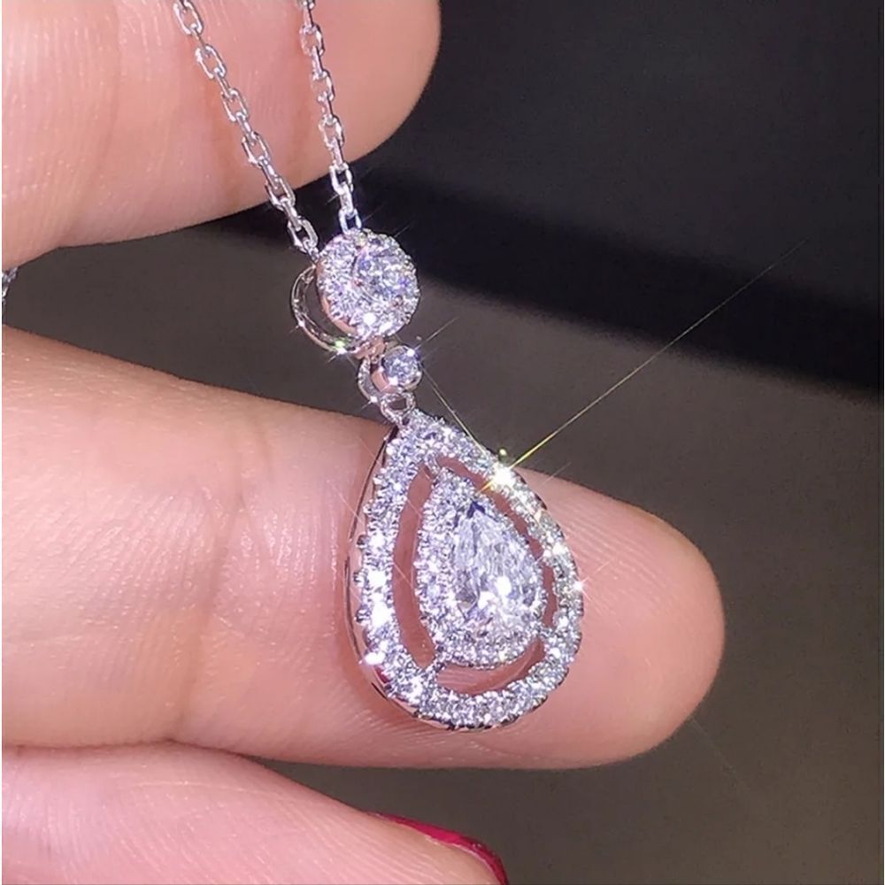 Silver Teardrop Pear Round Pendant CZ Stone Drop Necklace